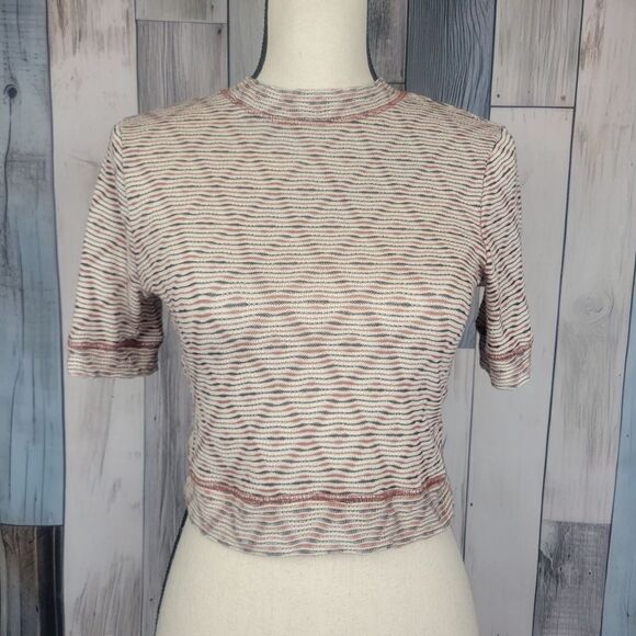 Free People Geometric Short Sleeve Mock Neck Crop Top Tan Red size Medium - Picture 1 of 7
